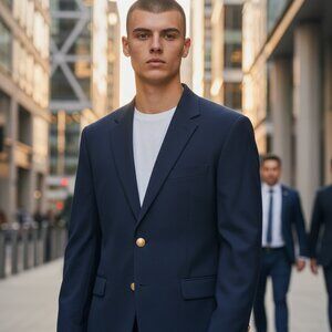 John Alexander Navy Wool Blazer Gold Crest Buttons Mens 40S